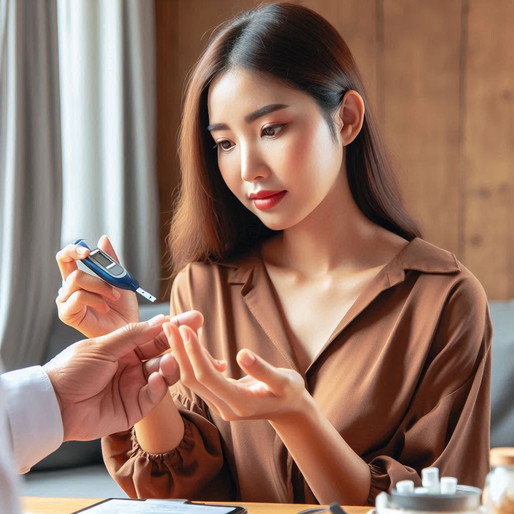 Mulher realizando teste de glicemia com um aparelho de monitoramento, sob a orientação de um profissional de saúde, destacando o cuidado necessário com o diabetes